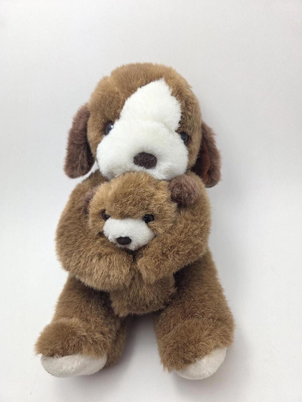 Vintage Heartwarmers Brown Dog Plush Holding Baby Puppy Dog (10 inch)
